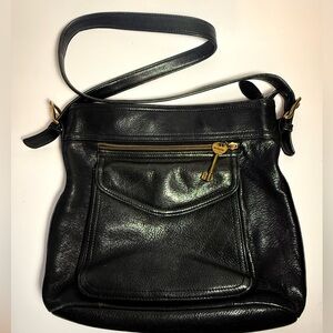 Fossil Black Leather Crossbody Purse | Brass Key Charm | Adjustable Strap